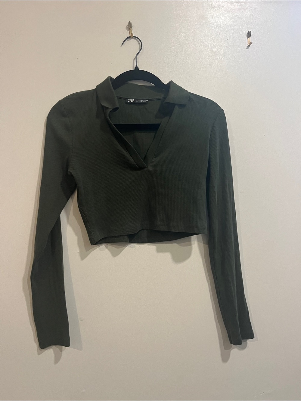 Zara Olive Cropped Long-Sleeve Polo Top